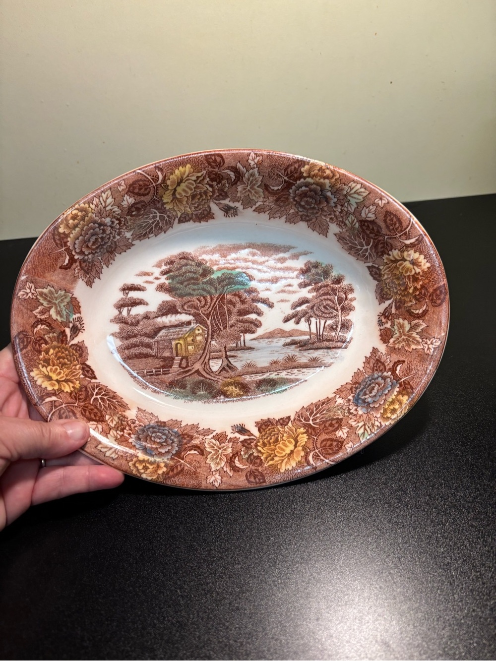 Vintage Nasco Mountain Wood-land Oval Serving Bowl Brown Transferware Japan